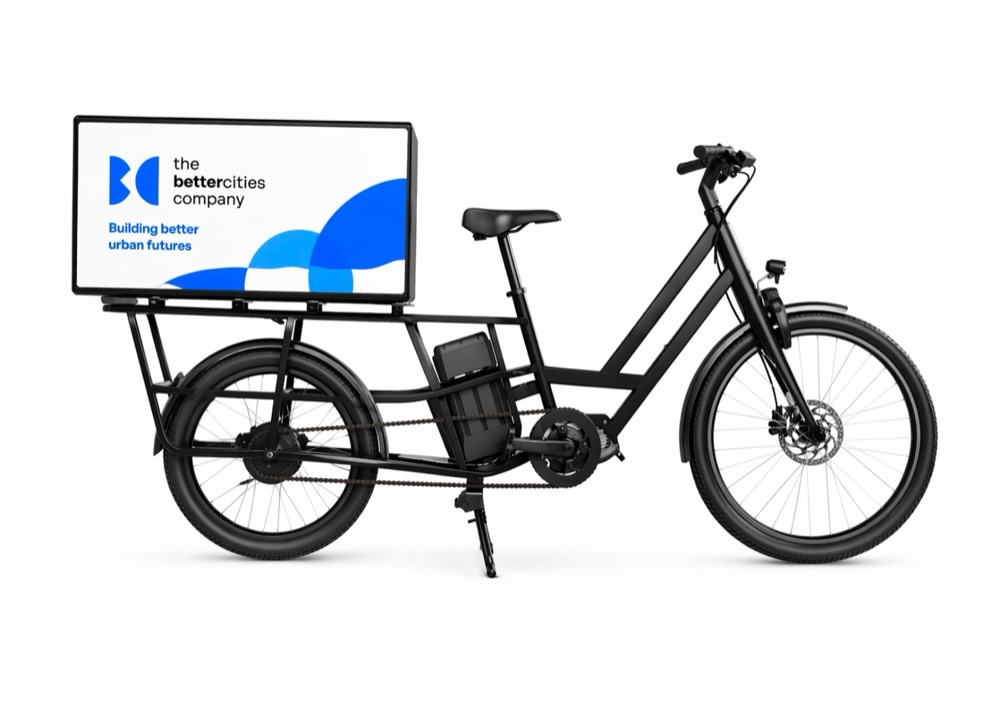 Better Cities Company electric cargo bike with side billboard panel